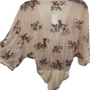 Charlotte Russe Sequin Embellished Bodysuit - Cream and Brown